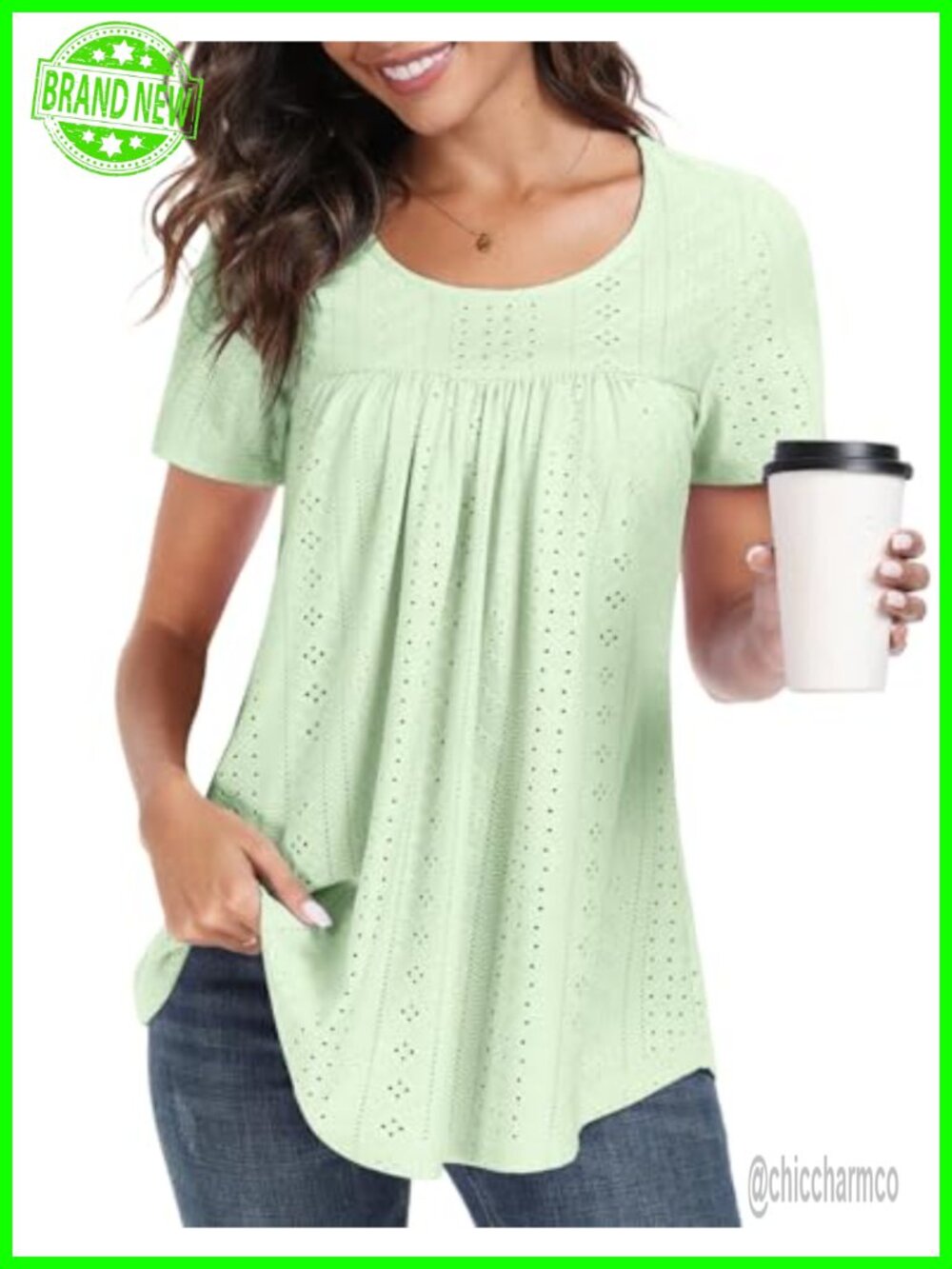Women's Summer Tunic Top Short Sleeve Loose Fit Casual Eyelet Blouse